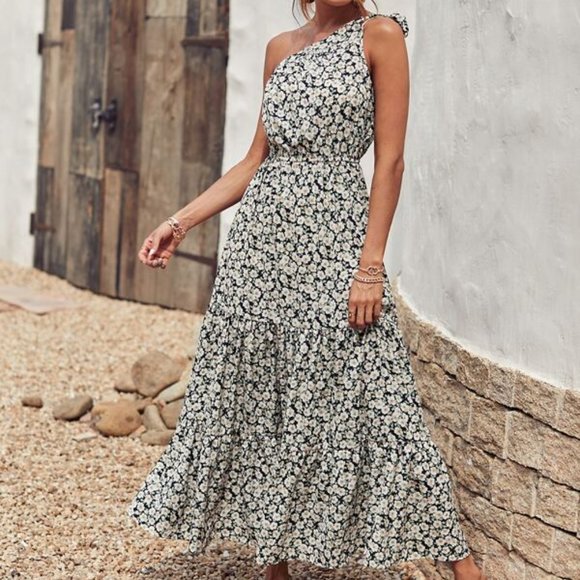 Allover Floral One Shoulder A-line Dress - Picture 8 of 11